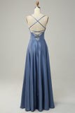 Grey Blue A Line Spaghetti Straps Satin Bridesmaid Dress