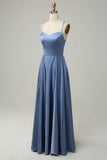 Grey Blue A Line Spaghetti Straps Satin Bridesmaid Dress