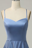 Grey Blue A Line Spaghetti Straps Satin Bridesmaid Dress