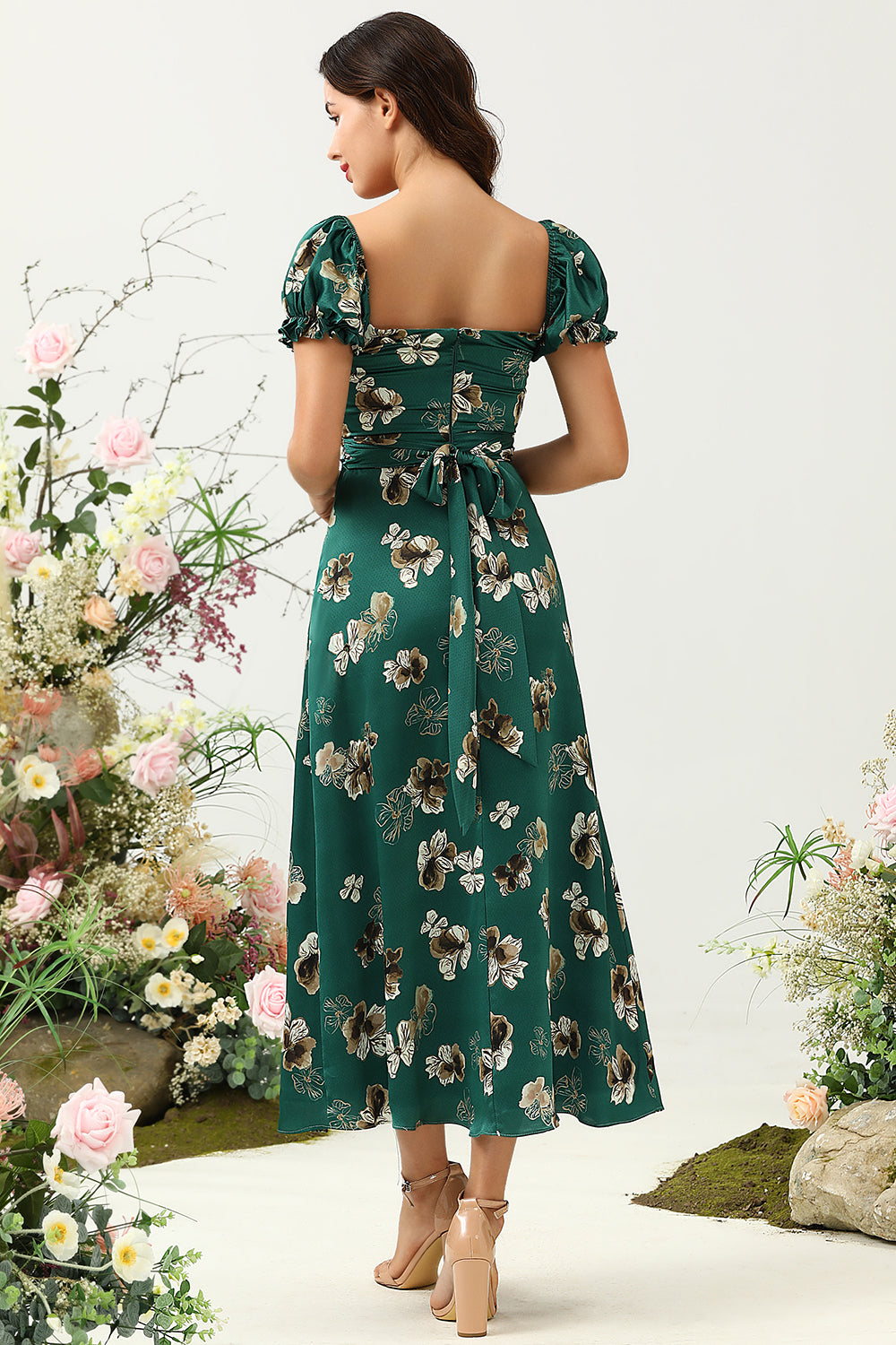 Dark Green A Line Off The Shoulder Floral Print Satin Boho Wedding Party Dress