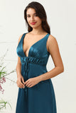 Ink Blue Sheath Deep V Neck Bright Satin Bridesmaid Dress with Adjustable Drawstring