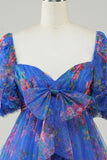 Dark Blue A-Line Puff Sleeves Tulle Short Homecoming Dress with Bow
