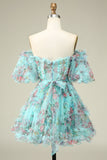 Cute A Line Off the Shoulder Green Tulle Short Homecoming Dress with Short Sleeves