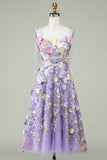 Blue A Line Spaghetti Straps Corset Prom Dress with 3D Flowers