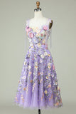 Blue A Line Spaghetti Straps Corset Prom Dress with 3D Flowers
