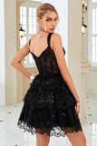 Princess A Line Corset Tiered Black Short Homecoming Dress with Lace