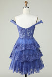 Princess A Line Corset Tiered Purple Short Homecoming Dress with Lace