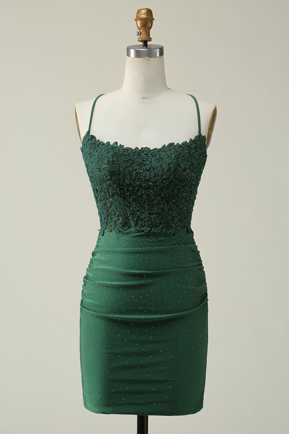 Wedtrend Women Dark Green Short Homecoming Dress Sheath Spaghetti Straps Cocktail Dress with Appliques, Dark Green / US2