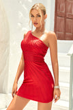 Red Bodycon One Shoulder Short Homecoming Dress with Beading