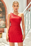 Red Bodycon One Shoulder Short Homecoming Dress with Beading