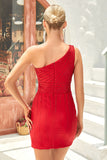 Red Bodycon One Shoulder Short Homecoming Dress with Beading