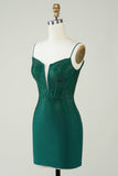 Dark Green Bodycon Spaghetti Straps Short Homecoming Dress with Beading