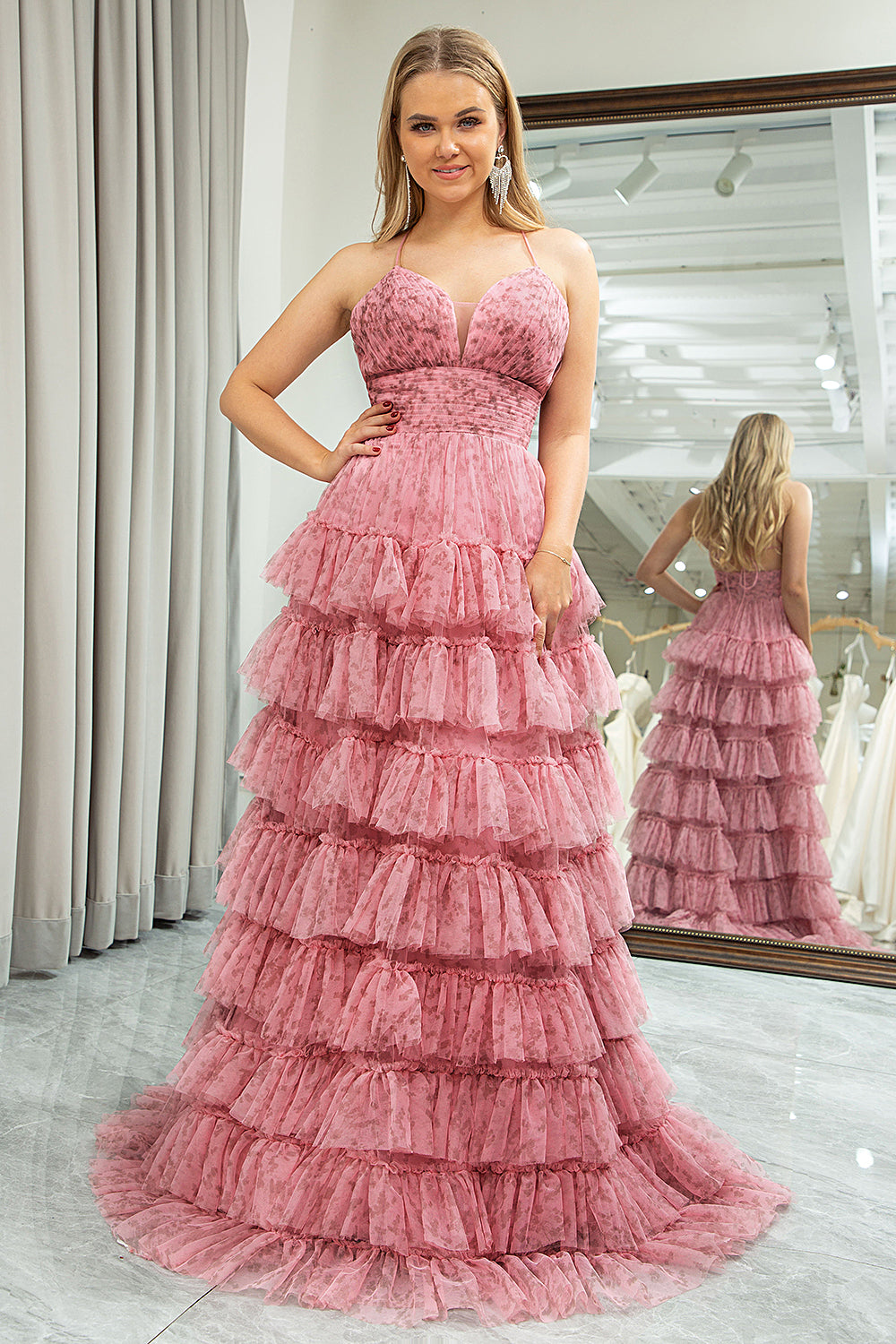 Pink A-Line Spaghetti Straps Layered Tulle Prom Dress with Floral Printed