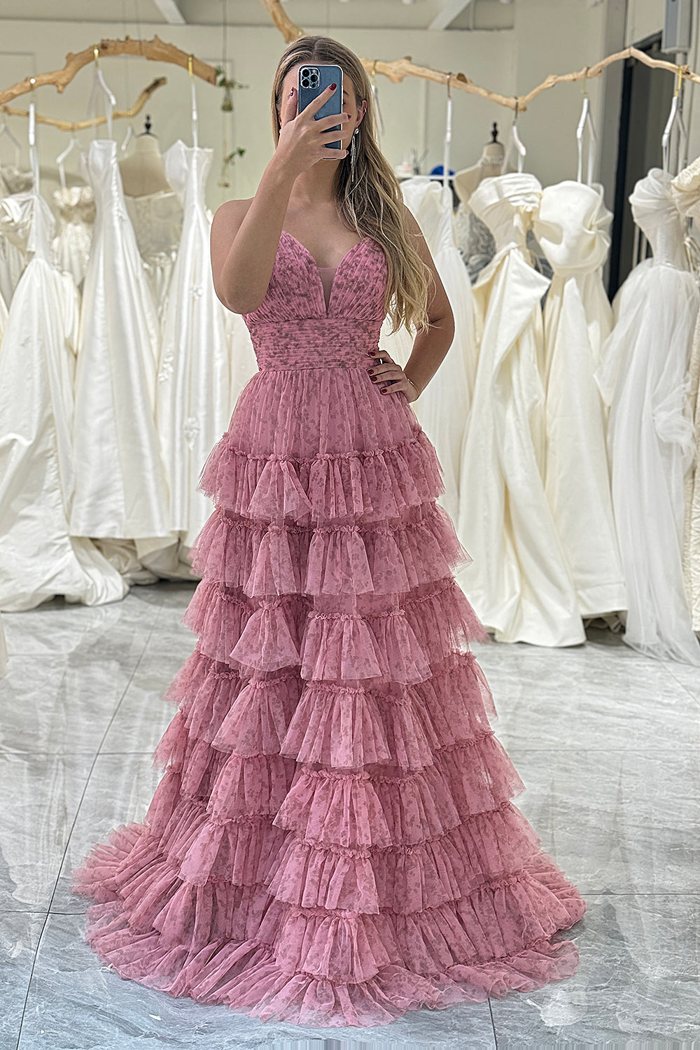 Pink A-Line Spaghetti Straps Layered Tulle Prom Dress with Floral Printed