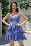 Gorgeous Dark Blue Sparkly A Line Tiered Corset Short Homecoming Dress