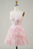 Sparkly Purple A Line Spaghetti Straps Tiered Corset Short Homecoming Dress