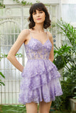 Gorgeous Dark Blue Sparkly A Line Tiered Corset Short Homecoming Dress