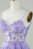 Cute Pink A Line Spaghetti Straps Sparkly Sequin Tiered Corset Short Homecoming Dress