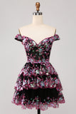 Sparkly Black Pink A-Line Corset Tiered Short Homecoming Dress