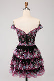 Sparkly Black Pink A-Line Corset Tiered Short Homecoming Dress