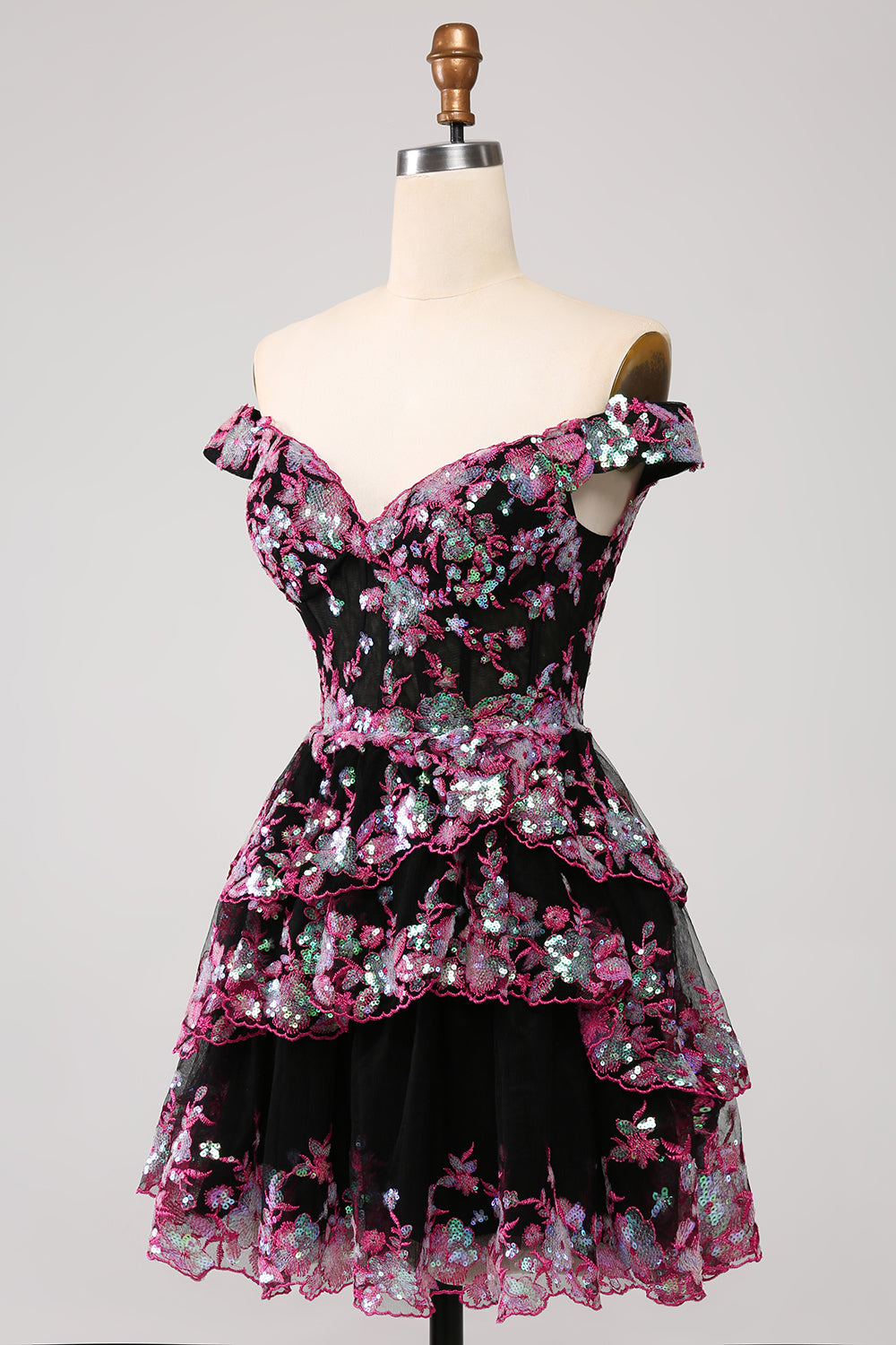Wedtrend Women Sparkly Black Pink Homecoming Dress A-Line Corset Tiered Short Cocktail Dress, Pink / US24W