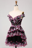 Sparkly Black Pink A-Line Corset Tiered Short Homecoming Dress