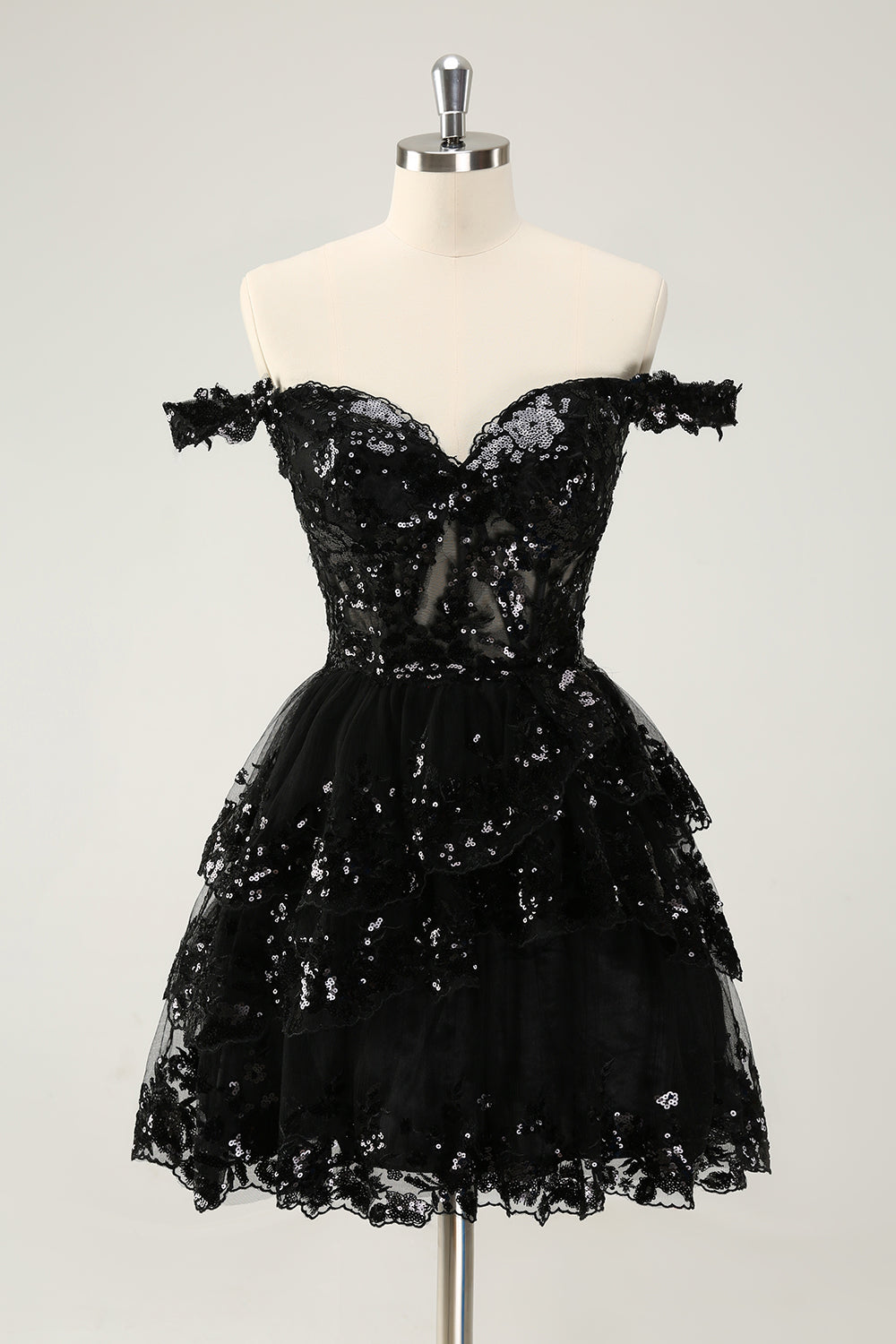 Wedtrend Women Sparkly Black Tiered Short Homecoming Dress A Line Off The Shoulder Corset Cocktail Party Dress WEDTREND Wedtrend Women Sparkly Black Tiered Short Homecoming Dress A Line Off The Shoulder Corset Cocktail Party Dress WEDTREND