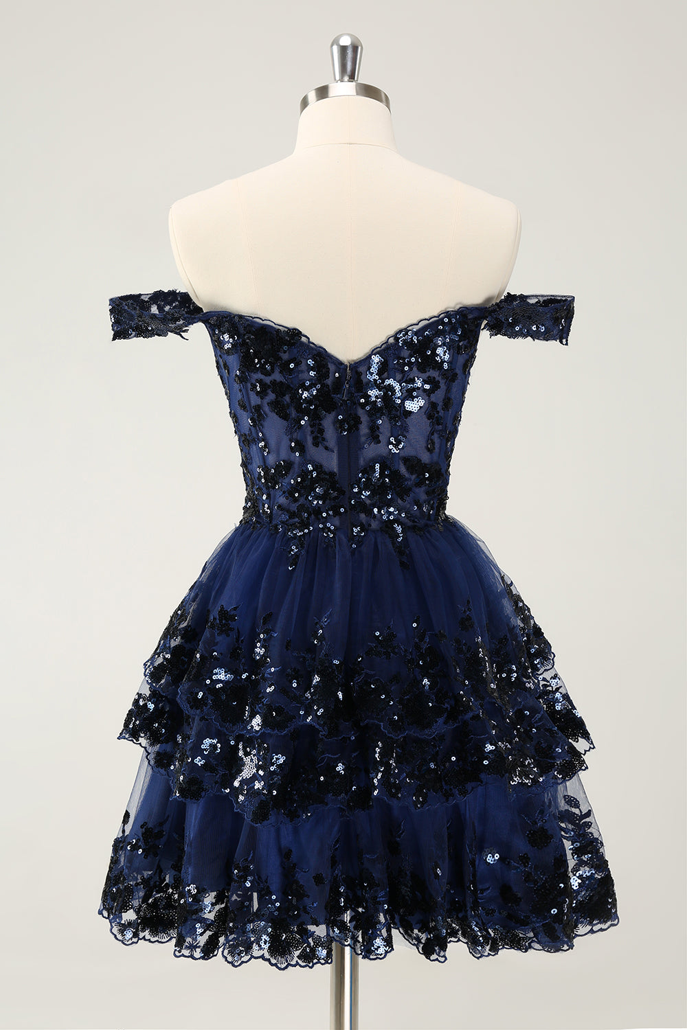 Wedtrend Women Sparkly Dark Blue Homecoming Dress with Sequins A Line Off The Shoulder Corset Tiered Short Cocktail Dress, Navy / US8