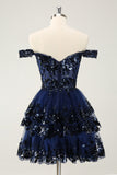Sparkly Black A Line Off The Shoulder Corset Tiered Short Homecoming Dress