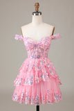 Sparkly Black Pink A-Line Corset Tiered Short Homecoming Dress