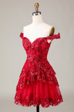 Sparkly Black Pink A Line Off The Shoulder Corset Tiered Short Homecoming Dress
