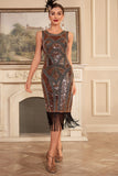 Black Sheath Golden Sequins Tea-Length Gatsby Dress with Fringes