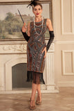 Black Sheath Golden Sequins Tea-Length Gatsby Dress with Fringes