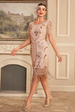 Sparkly Blush Sheath Fringed Tea-Length Flapper Dress