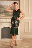 Black Green V Neck Sequins Tea-Length Flapper Dress with Fringe
