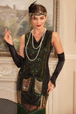 Black Green V Neck Sequins Tea-Length Flapper Dress with Fringe