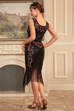 Black Sleeveless Sequins Tea-Length Dress with Fringes