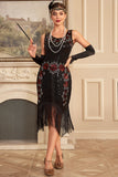 Black Sleeveless Sequins Tea-Length Dress with Fringes