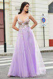 Glitter Lilac A-Line Spaghetti Straps Long Prom Dress with Flowers