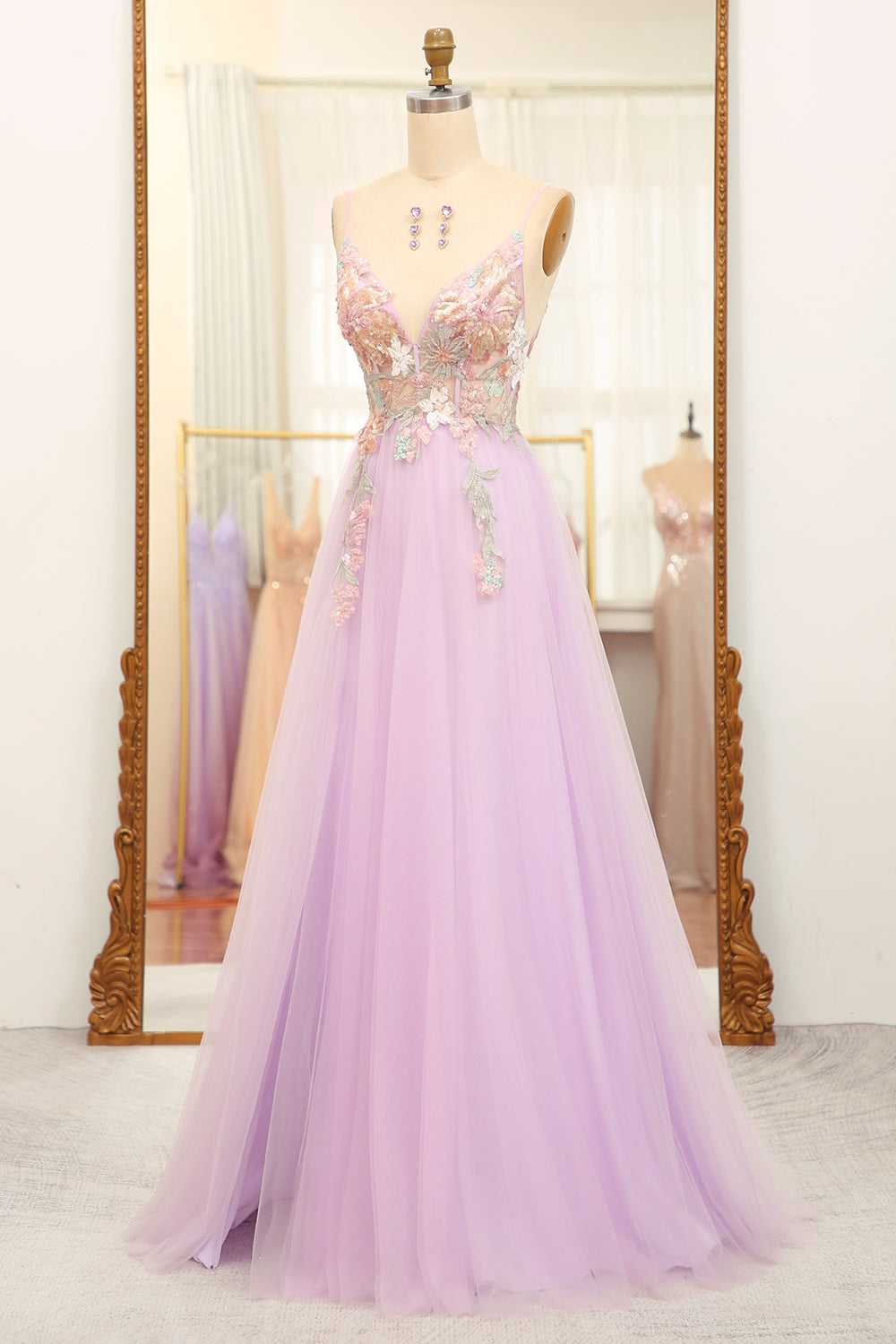 A-Line Spaghetti Straps Long Lilac Prom Dress with Flowers