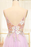 A-Line Spaghetti Straps Long Lilac Prom Dress with Flowers