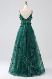 Dark Green A-Line Spaghetti Straps Long Corset Glitter Prom Dress