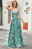 Glitter Grey Green A-Line Spaghetti Straps Long Corset Prom Dress With Lace Flower