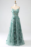 Dark Green A-Line Spaghetti Straps Long Corset Glitter Prom Dress