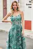 Glitter Grey Green A-Line Spaghetti Straps Long Corset Prom Dress With Lace Flower