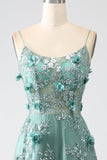 Dark Green A-Line Spaghetti Straps Long Corset Glitter Prom Dress