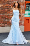 Light Blue Sparkly Beaded Mermaid Long Prom Dress With Appliques