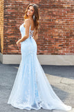 Light Blue Sparkly Beaded Mermaid Long Prom Dress With Appliques