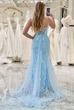 Mermaid Spaghetti Straps Long Blue Prom Dress With Appliques