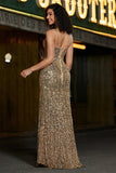 Mermaid Sparkly Golden Spaghetti Straps Long Prom Dress with Slit